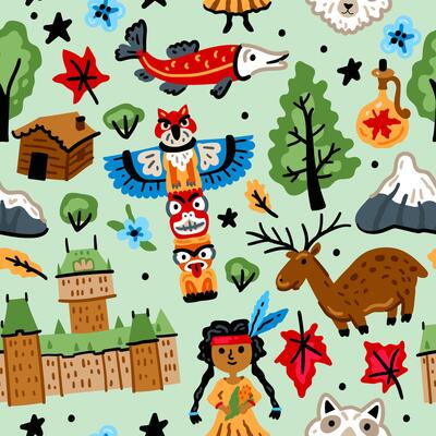 Bright cheerful children seamless pattern with symbols of Canada. American Indian, maple leaf, deer, Niagara waterfall. Childish background