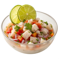Refreshing Peruvian Ceviche with Lime Wedges and Fresh Herbs in Glass Bowl png