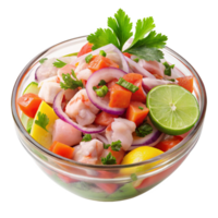 Refreshing Peruvian Ceviche Salad in Glass Bowl with Lime and Parsley Garnish png
