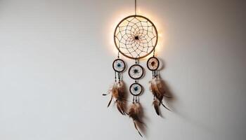 Dreamcatcher with lights and feather ornaments hanging on a neutral wall. The image captures the intricate design of the web and beads within the dreamcatcher hoops, evoking a sense of photo