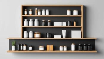 A modern shelf displays various skincare and health products, showcasing a minimalist design with a neutral background. photo