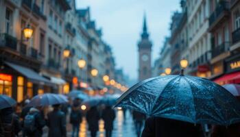 Pedestrians walking with umbrellas on a rainy day in a city center. The scene captures an overcast atmosphere with blurred streetlights and historic architecture in the background. photo