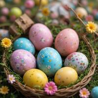 Decorative Easter eggs with floral patterns are arranged in a wicker basket on grass, surrounded by small yellow and pink flowers, creating a festive spring ambiance photo