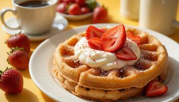 A delicious plate of waffles topped with fresh strawberries and whipped cream, accompanied by coffee, creating an inviting breakfast scene. photo