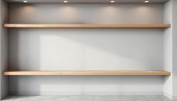 Minimalist empty shelves on a wall, illuminated by soft lighting. Perfect for interior design concepts, retail displays, or modern architectural projects. photo