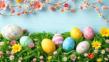Vibrant Easter eggs, each with unique patterns, are placed among lush green grass and spring flowers. Delicate pink blossoms hang above, adding to the festive atmosphere. photo