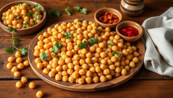 Freshly prepared chickpeas garnished with cilantro leaves arranged on a wooden tray. Accompanied by small bowls of spices, this appetizing setup emphasizes healthy eating options. photo