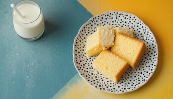 A plate of fluffy cake slices, accompanied by a glass of milk, arranged on a colorful surface for a cheerful dessert presentation. photo