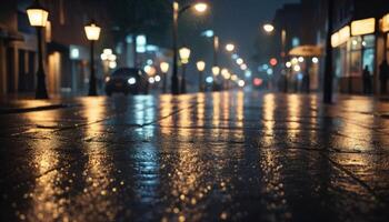Wet city street at night with glowing streetlights casting reflections on the pavement. Urban scene with blurred background, capturing serene and quiet atmosphere after rain. photo