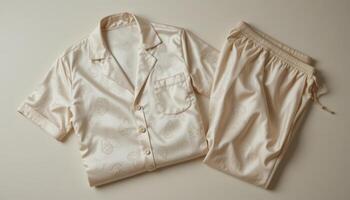 Cream satin pajamas set featuring a short-sleeve shirt with buttons and matching pants. The smooth, elegant fabric with a subtle pattern offers a luxurious feel ideal for comfortable photo