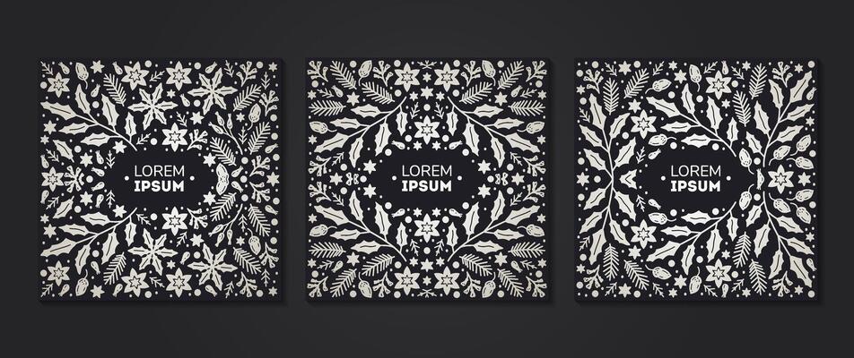 Set of silver on black 3 square cards or posters of holly branches, poinsettia