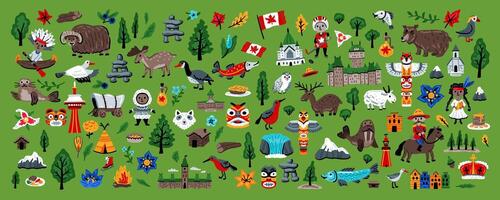 A huge set of North American elements. Symbols of Canada. For maps and children's designs. Nature, animals, characters, objects. vector