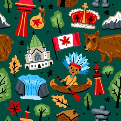 Bright cheerful children seamless pattern with symbols of Canada. American Indian, maple leaf, deer, Niagara waterfall. Alaska landmarks. Childish Forest travel background.