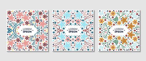 Set of Colored card frame for packaging design with of branches, cones, poinsettia flowers on white background vector