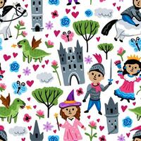 Bright seamless pattern with fairy tale characters. Middle Ages legends Kingdom elements. Childish background. Princess, Knight, Castle and unicorn and Dragon vector