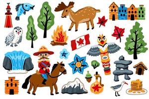 A set of North American elements. Symbols of Canada. Nature, animals, characters, objects. For maps and children's designs. Travel landmarks illustrations. Cartoon style. vector