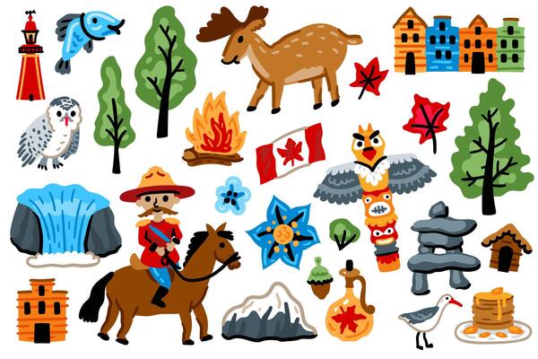 A set of North American elements. Symbols of Canada. Nature, animals, characters, objects. For maps and children's designs. Travel landmarks illustrations. Cartoon style.