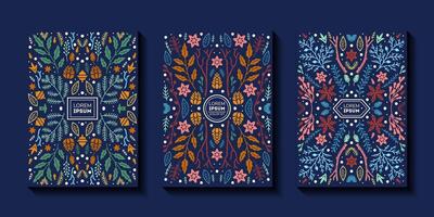 Set of Colored three rectangular frames for packaging design with of branches, cones, on dark background vector