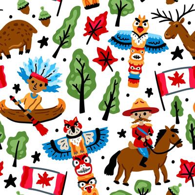 Bright cheerful children seamless pattern with symbols of Canada. American Indian, maple leaf, grizzly, Niagara waterfall. Alaska landmarks.
