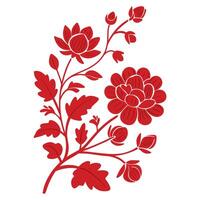 Asian flower simple hand drawn silhouette illustration in style of ancient Chinese or Japanese art. Red floral branch with blooms isolated on white background vector