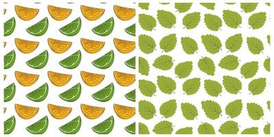 Orange Lime sliced Green leaves Seamless Pattern Set 2 Citrus Fruit Abstract Background Texture idea. Isolated illustration Thematic Cards Wallpaper Wrapping or web promo banner, leaflets, tags vector
