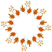 Autumn leaves Circular Frame border in trendy fall shades. Greeting cards Copy space Template idea. Isolated illustration Thematic Greeting Invitations cards, label or web promo banner, leaflet vector