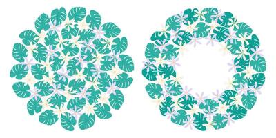 Freehand Monstera leaves Abstract Multicolored Flowers Circle Background Frame border Template Set 2. Isolated illustration Greeting Invitation Cards, poster, price, label or web promo leaflets vector