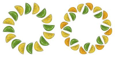 Lime Lemon Orange slices Circle Frame border Minimalistic Pop Art Copy space Template concept Set 2. Isolated illustration Thematic Cards, poster, label or web promo leaflets, banner, price tag vector