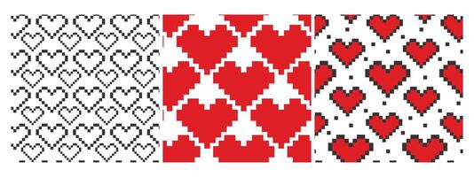 Pixel Art Heart shape Black and red Seamless Patterns Valentines Day White Day Background idea Set 3. Isolated illustration Wallpaper, wrapping or web promo banner, tag Thematic cards, leaflets vector