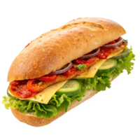Delicious Chicken Sandwich with Tomatoes Cucumbers Red Onion and Cheese on a Crusty Roll png