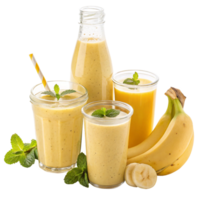 Refreshing Banana Smoothies and Juice in Glass Bottles and Jars with Fresh Mint Garnish png