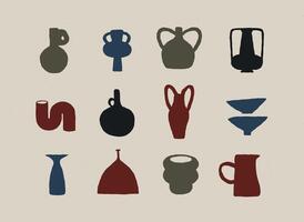 Vases ceramic set different form drawn in art style on light beige color background vector