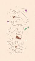 Coffee bean and grinder take away cup symbols drawing in modern linear art style on grey background vector