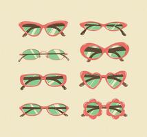 Sunglasses collection drawing in vintage style with green lens and red frame on beige background vector