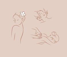 Woman silhouette on back and face massage drawing in minimalist style on peach color background vector