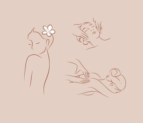 Woman silhouette on back and face massage drawing in minimalist style on peach color background