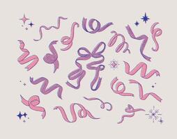 Ribbon variety shapes with swirl and stars collection drawing with red and pink on beige background vector