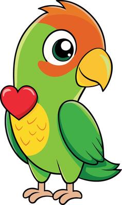 A cartoon green parrot with a red heart