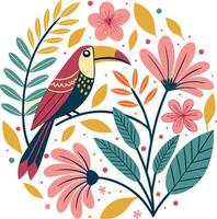 A colorful bird sitting on a branch surrounded by flowers vector