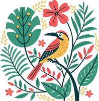A colorful bird sitting on a branch with flowers and leaves vector