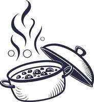 A black and white drawing of a pot with food in it vector