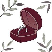 An engagement ring in a box with leaves vector