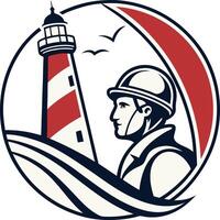 Lighthouse worker standing in front of lighthouse with waves in the background vector