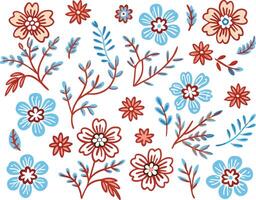 A set of flowers and leaves in red and blue vector