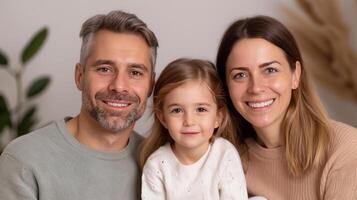 Relaxed and happy family of three sitting together in warmly lit home portrait image. Comfortable parents girl photography human scene. Close bond relationship concept photo-realistic photo