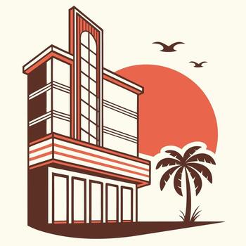 Retro style illustration of a building with palm trees and a sunset vector