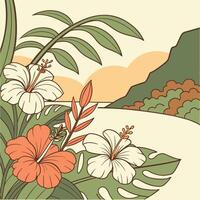 Tropical flowers and mountains in the background vector