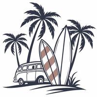 A van with surfboards and palm trees on a beach vector