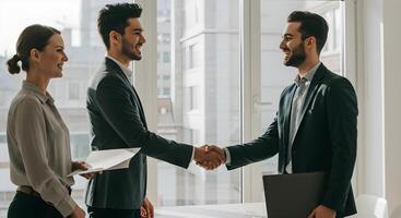 Two business people shaking hands in an office photo