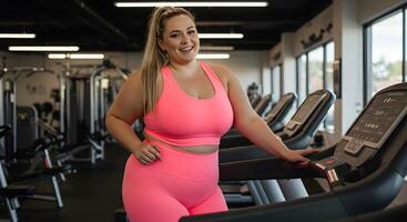 A woman in pink workout clothes is smiling while standing on a treadmill photo
